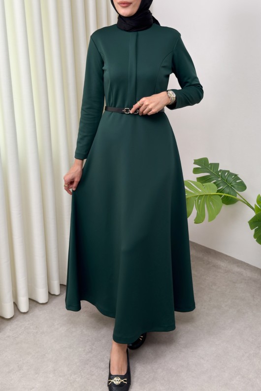 Scuba Suni Deri Kemerli Elbise 0045 - ZÜMRÜT YEŞİLİ