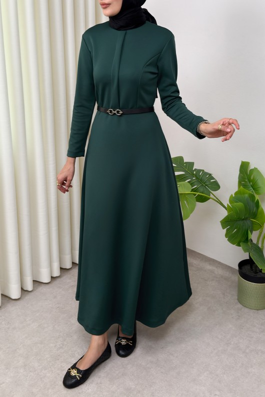 Scuba Suni Deri Kemerli Elbise 0045 - ZÜMRÜT YEŞİLİ