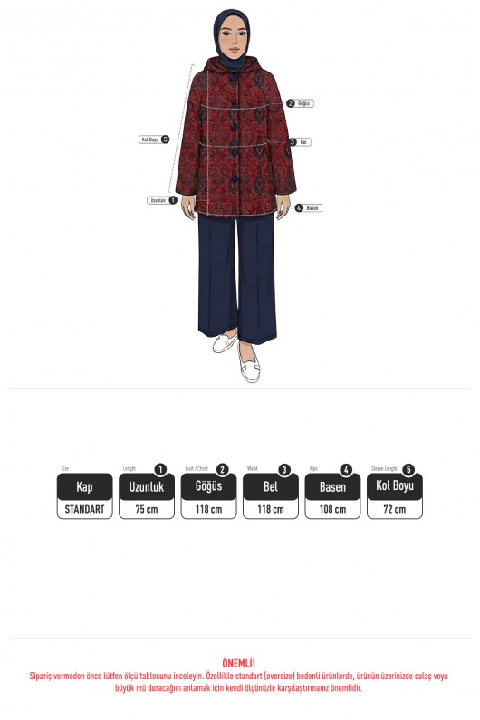 Otantik Desen Kapüşonlu Kap 0046 - BORDO