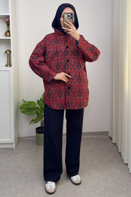 Otantik Desen Kapüşonlu Kap 0046 - BORDO