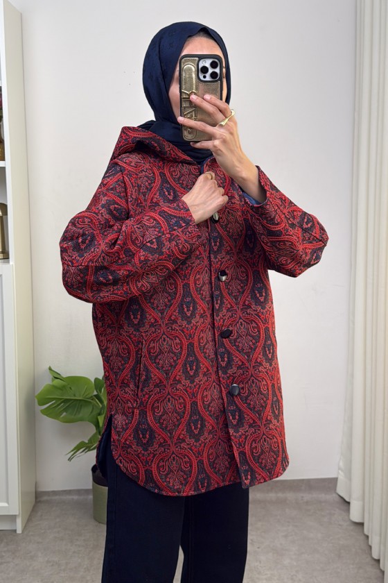 Otantik Desen Kapüşonlu Kap 0046 - BORDO