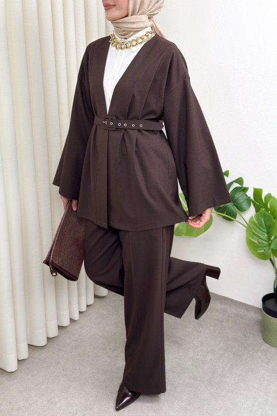 Kemerli Kimono Takım 0047 - KAHVERENGİ