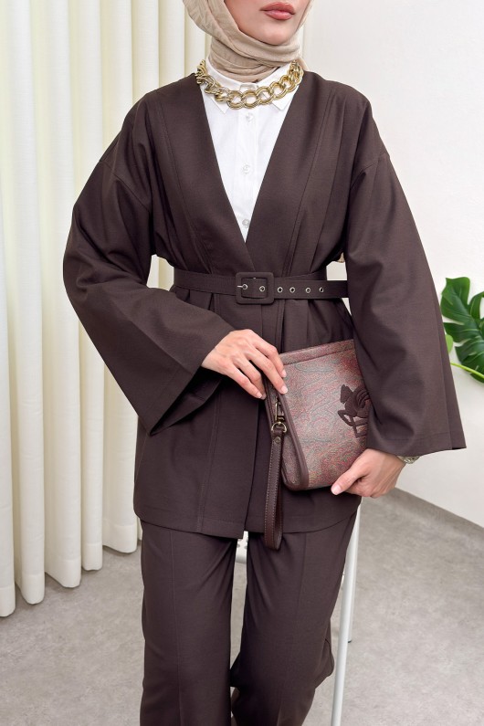 Kemerli Kimono Takım 0047 - KAHVERENGİ Kemerli Kimono Takım 0047 - KAHVERENGİ