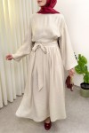 Yüksek Bel Kuşak Bağlamalı Uzun Elbise 0048 - BEJ