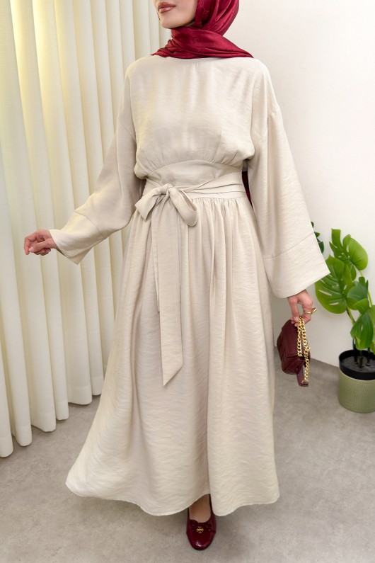 Yüksek Bel Kuşak Bağlamalı Uzun Elbise 0048 - BEJ