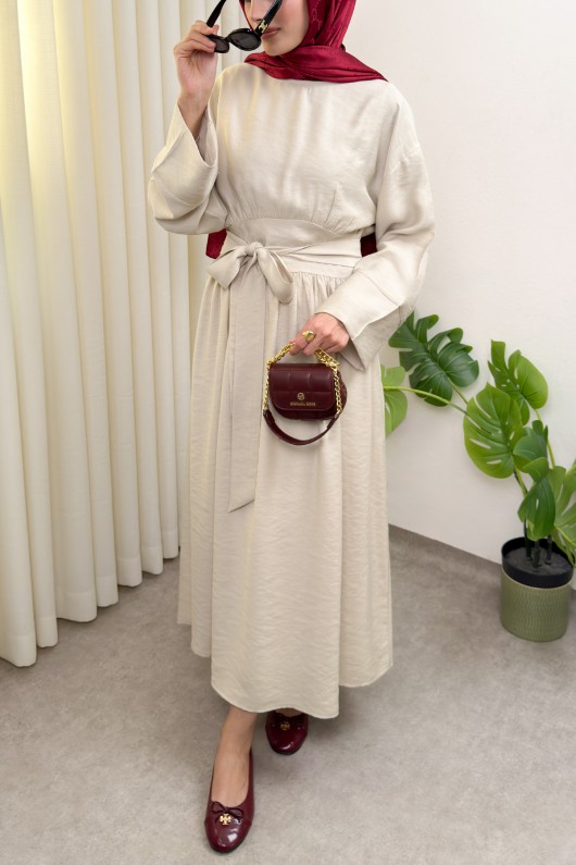 Yüksek Bel Kuşak Bağlamalı Uzun Elbise 0048 - BEJ