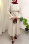 Yüksek Bel Kuşak Bağlamalı Uzun Elbise 0048 - BEJ