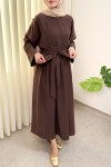 Yüksek Bel Kuşak Bağlamalı Uzun Elbise 0048 - KAHVERENGİ