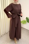 Yüksek Bel Kuşak Bağlamalı Uzun Elbise 0048 - KAHVERENGİ