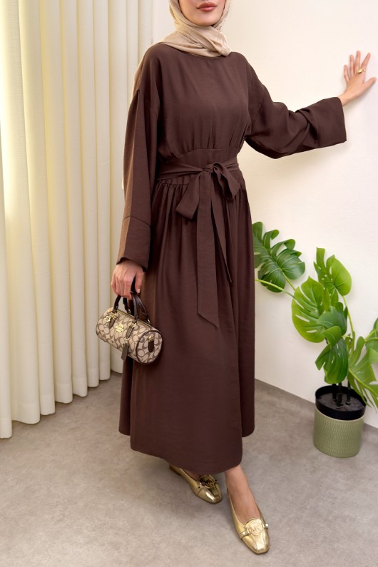 Yüksek Bel Kuşak Bağlamalı Uzun Elbise 0048 - KAHVERENGİ