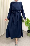 Yüksek Bel Kuşak Bağlamalı Uzun Elbise 0048 - LACİVERT