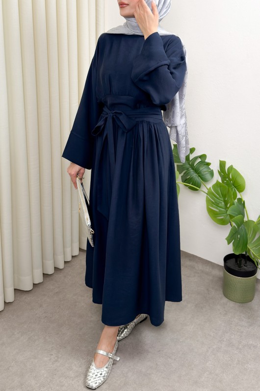 Yüksek Bel Kuşak Bağlamalı Uzun Elbise 0048 - LACİVERT