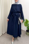 Yüksek Bel Kuşak Bağlamalı Uzun Elbise 0048 - LACİVERT