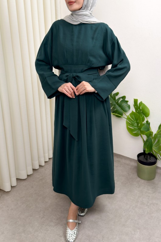 Yüksek Bel Kuşak Bağlamalı Uzun Elbise 0048 - ZÜMRÜT YEŞİLİ