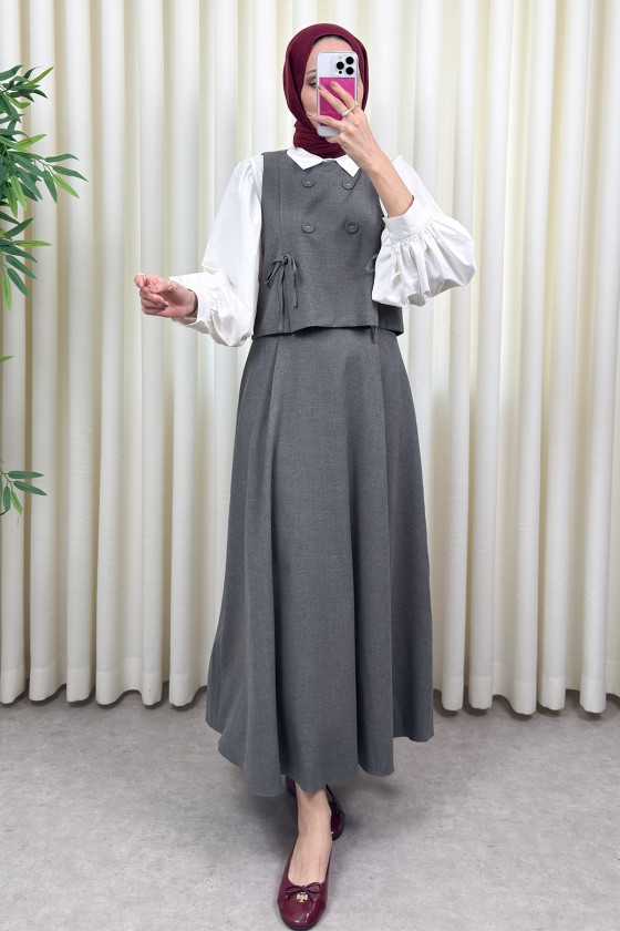 Düğme Detaylı Yelekli Takım 0049 - GRİ