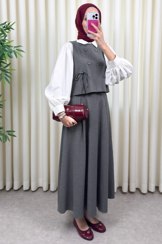 Düğme Detaylı Yelekli Takım 0049 - GRİ