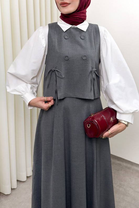 Düğme Detaylı Yelekli Takım 0049 - GRİ