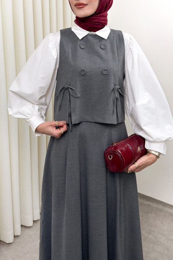 Düğme Detaylı Yelekli Takım 0049 - GRİ