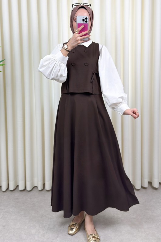 Düğme Detaylı Yelekli Takım 0049 - KAHVERENGİ