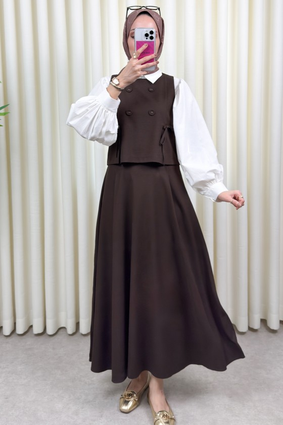 Düğme Detaylı Yelekli Takım 0049 - KAHVERENGİ