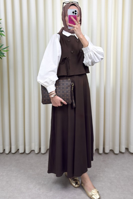 Düğme Detaylı Yelekli Takım 0049 - KAHVERENGİ