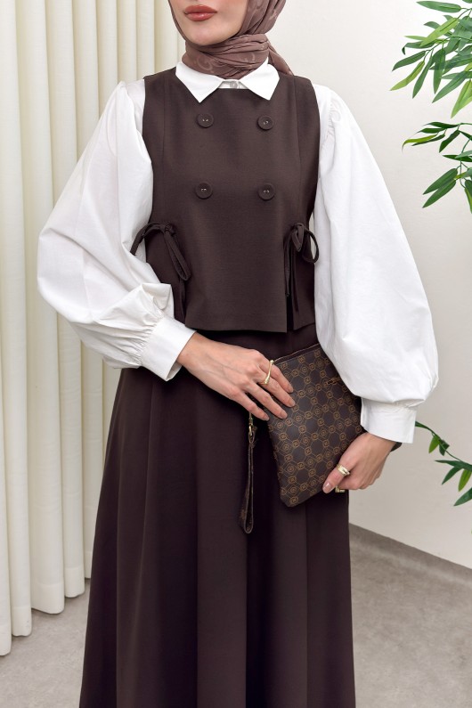 Düğme Detaylı Yelekli Takım 0049 - KAHVERENGİ