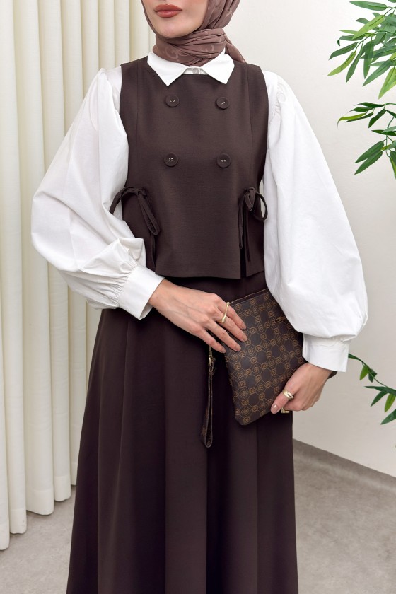 Düğme Detaylı Yelekli Takım 0049 - KAHVERENGİ