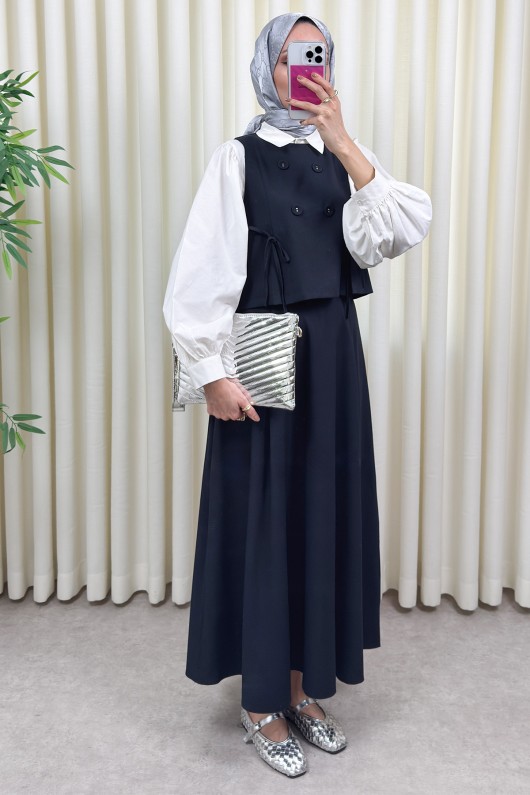 Düğme Detaylı Yelekli Takım 0049 - LACİVERT