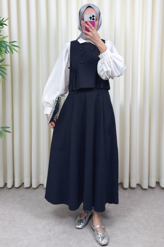 Düğme Detaylı Yelekli Takım 0049 - LACİVERT