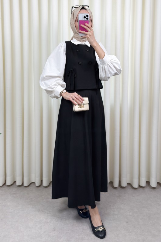 Düğme Detaylı Yelekli Takım 0049 - SİYAH