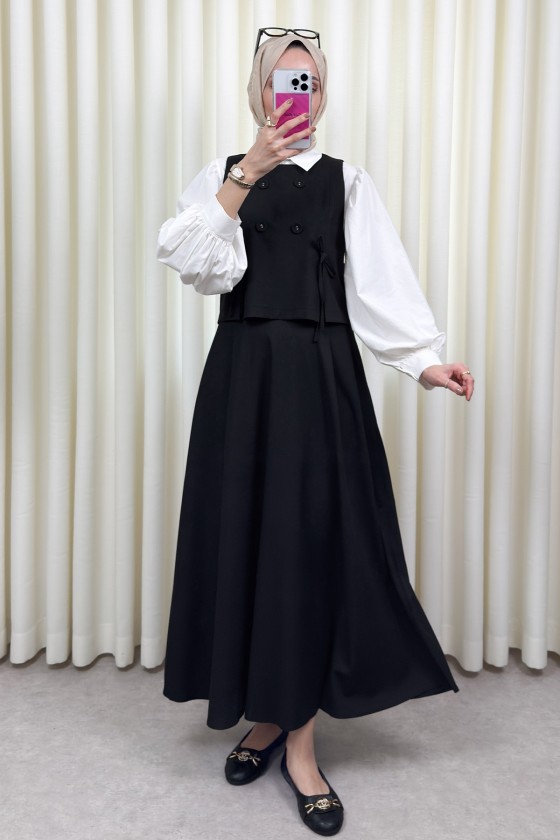 Düğme Detaylı Yelekli Takım 0049 - SİYAH