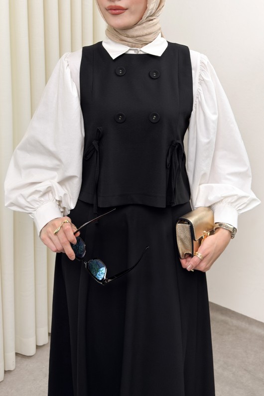 Düğme Detaylı Yelekli Takım 0049 - SİYAH