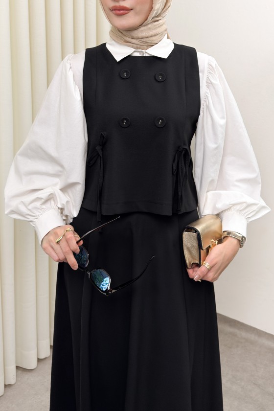 Düğme Detaylı Yelekli Takım 0049 - SİYAH