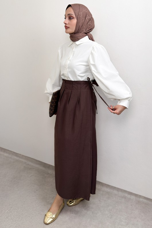 Yan Bağlamalı Ayarlanabilir Etek 0051 - KAHVERENGİ