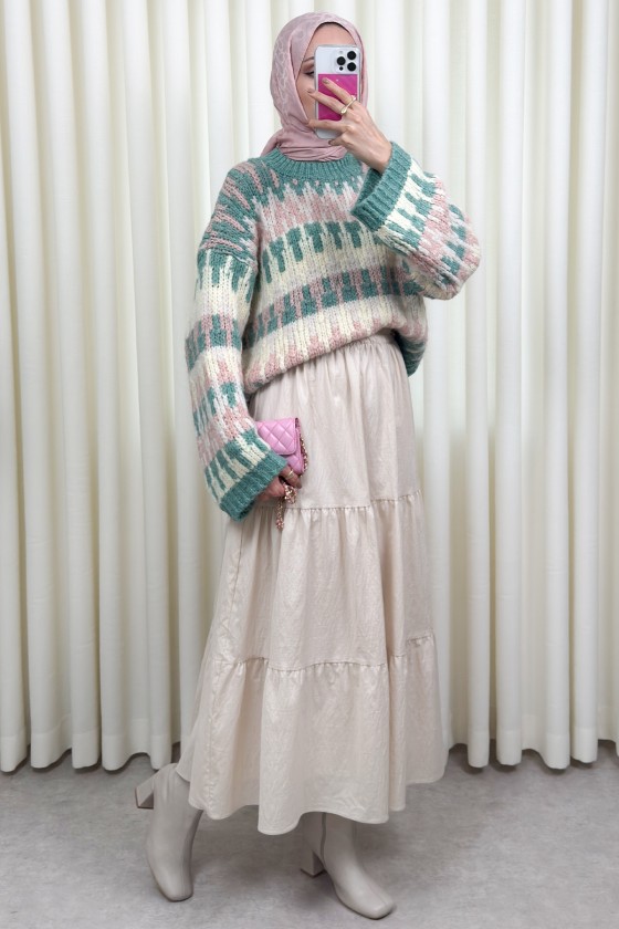 Paraşüt Kumaş Katlı Etek 0052 - BEJ