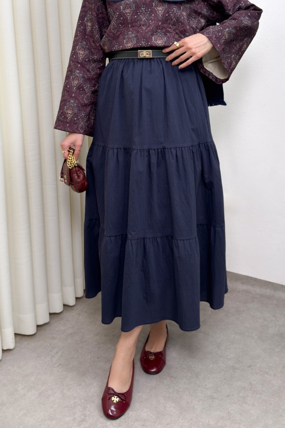 Paraşüt Kumaş Katlı Etek 0052 - LACİVERT