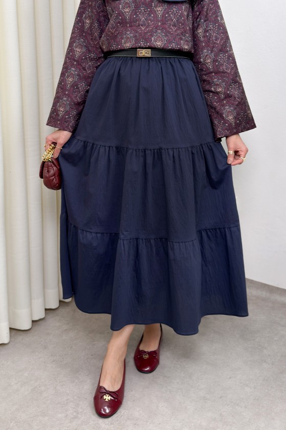 Paraşüt Kumaş Katlı Etek 0052 - LACİVERT