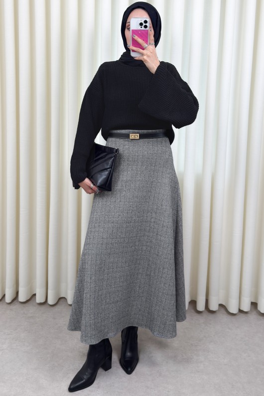 Balıksırtı Desenli Kaşe Etek 0054 - ANTRASİT