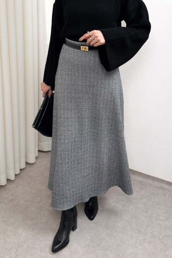 Balıksırtı Desenli Kaşe Etek 0054 - ANTRASİT