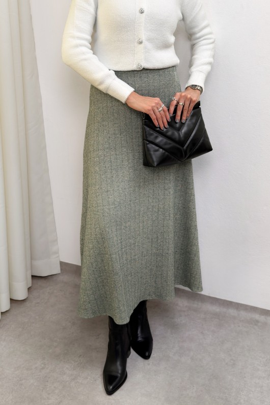 Balıksırtı Desenli Kaşe Etek 0054 - HAKİ