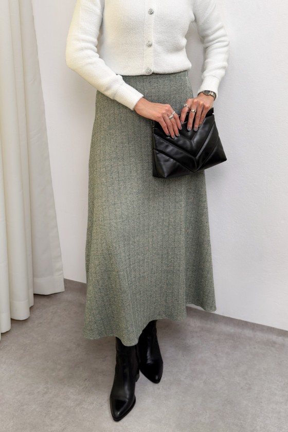 Balıksırtı Desenli Kaşe Etek 0054 - HAKİ