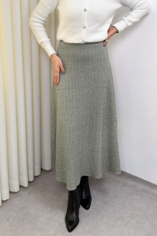 Balıksırtı Desenli Kaşe Etek 0054 - HAKİ