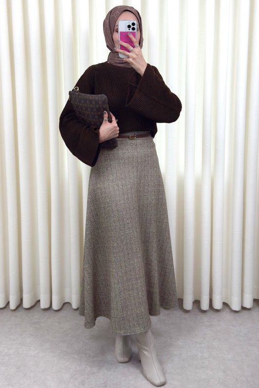 Balıksırtı Desenli Kaşe Etek 0054 - KAHVERENGİ