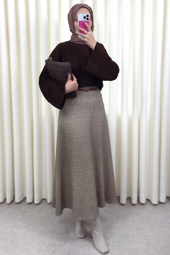 Balıksırtı Desenli Kaşe Etek 0054 - KAHVERENGİ