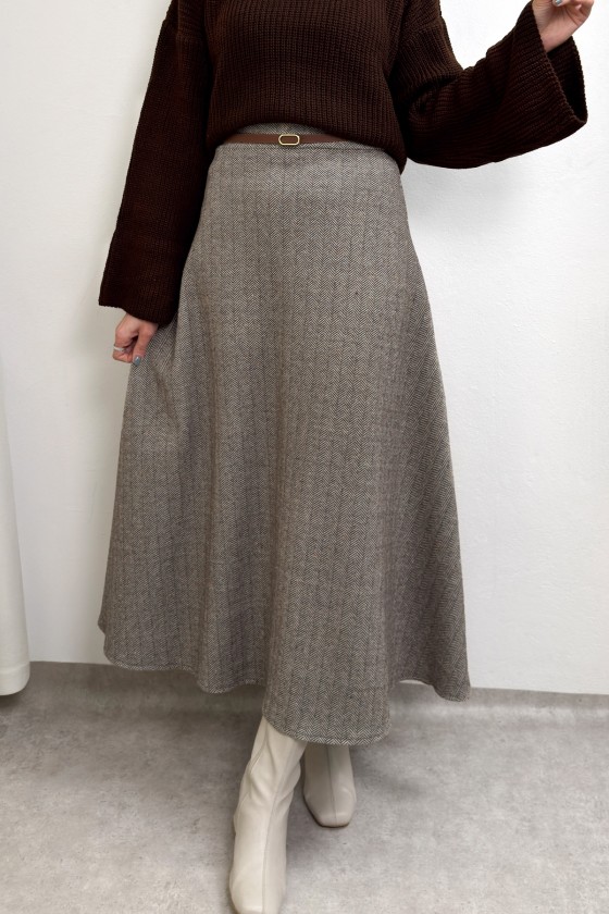 Balıksırtı Desenli Kaşe Etek 0054 - KAHVERENGİ