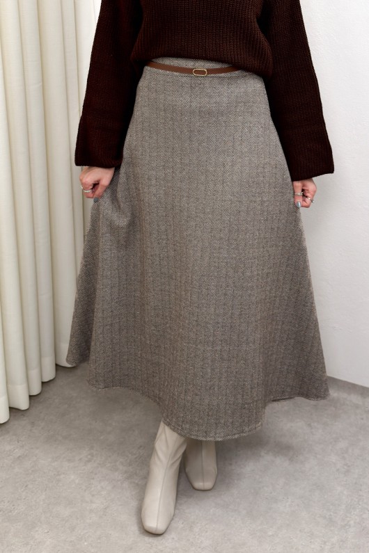 Balıksırtı Desenli Kaşe Etek 0054 - KAHVERENGİ