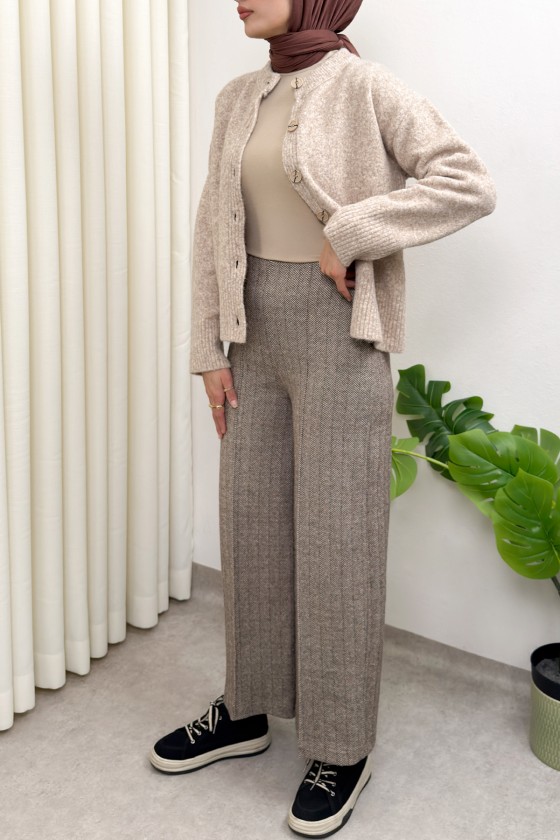 Kaşe Balıksırtı Desenli Pantolon 0055 - KAHVERENGİ