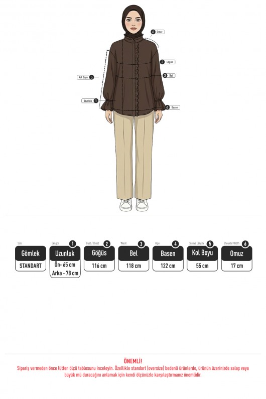 Fırfır Detaylı Oversize Gömlek 0057 - KAHVERENGİ