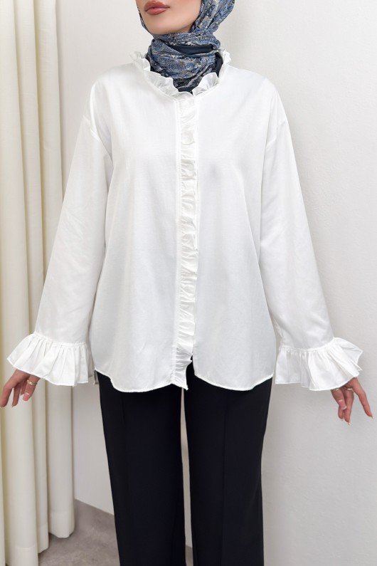 Fırfır Detaylı Oversize Gömlek 0057 - BEYAZ Fırfır Detaylı Oversize Gömlek 0057 - BEYAZ