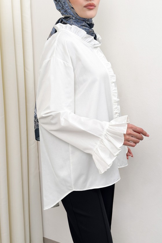 Fırfır Detaylı Oversize Gömlek 0057 - BEYAZ